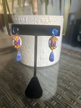 Blue Crystal and Multicolor Bead Drop Earrings